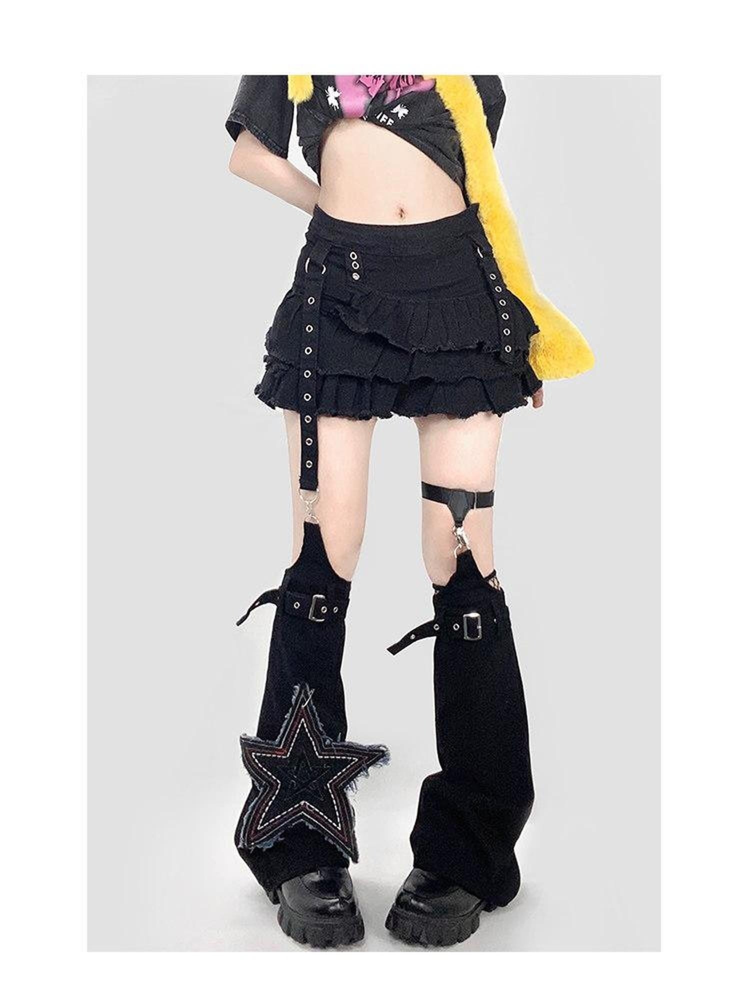 ReddaChic High Waist Vintage Ruffle A Line Black Denim Young Women Short Trousers
