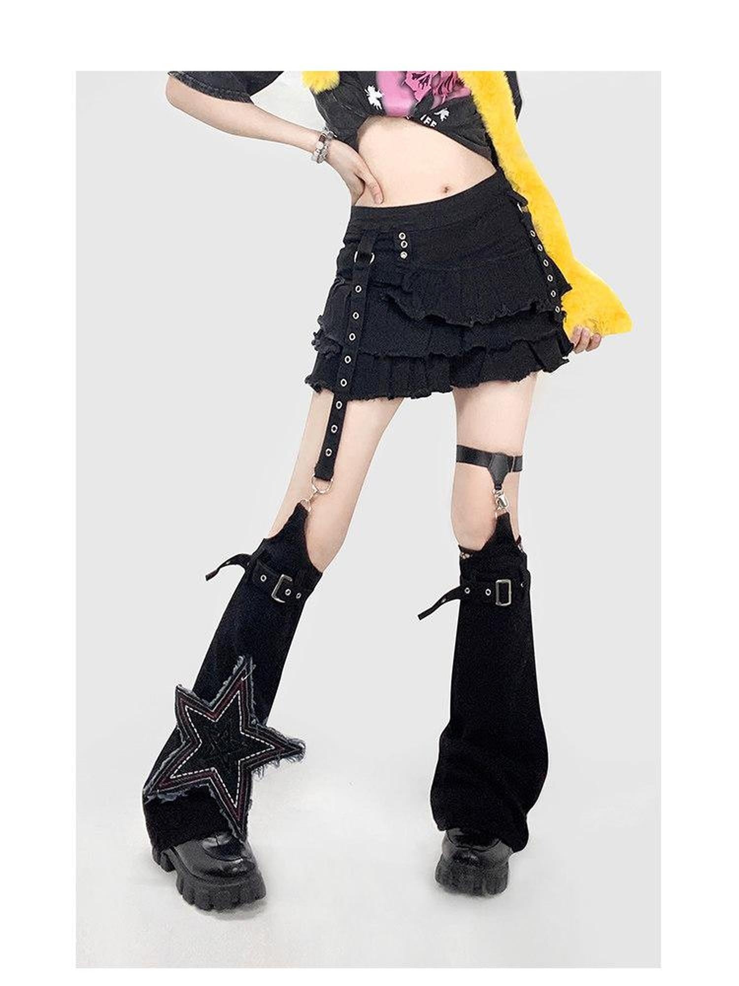 ReddaChic High Waist Vintage Ruffle A Line Black Denim Young Women Short Trousers