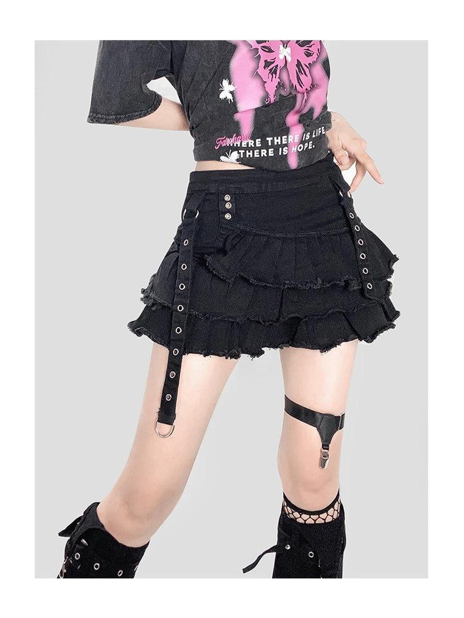 ReddaChic High Waist Vintage Ruffle A Line Black Denim Young Women Short Trousers