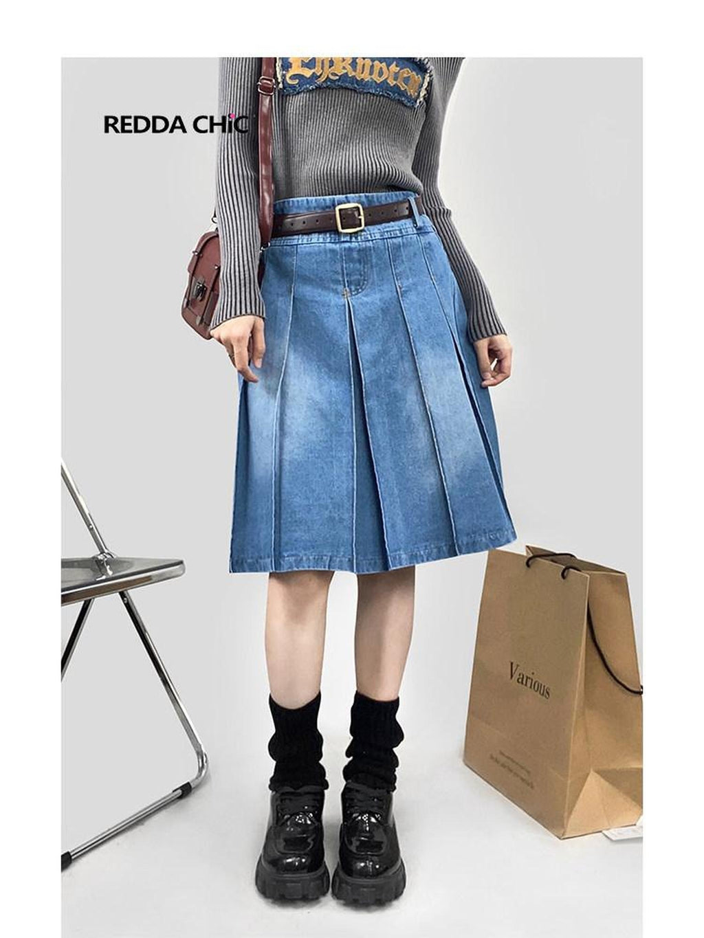 ReddaChic High Waisted Korean Denim A Line Pockets Commuter City Walk Women Mini Skirts