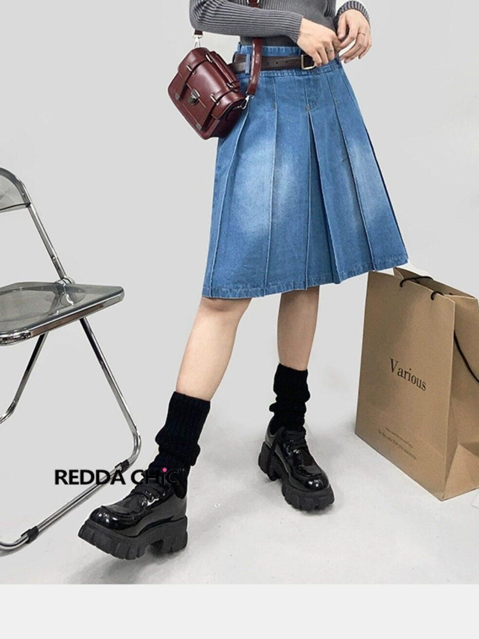 ReddaChic High Waisted Korean Denim A Line Pockets Commuter City Walk Women Mini Skirts