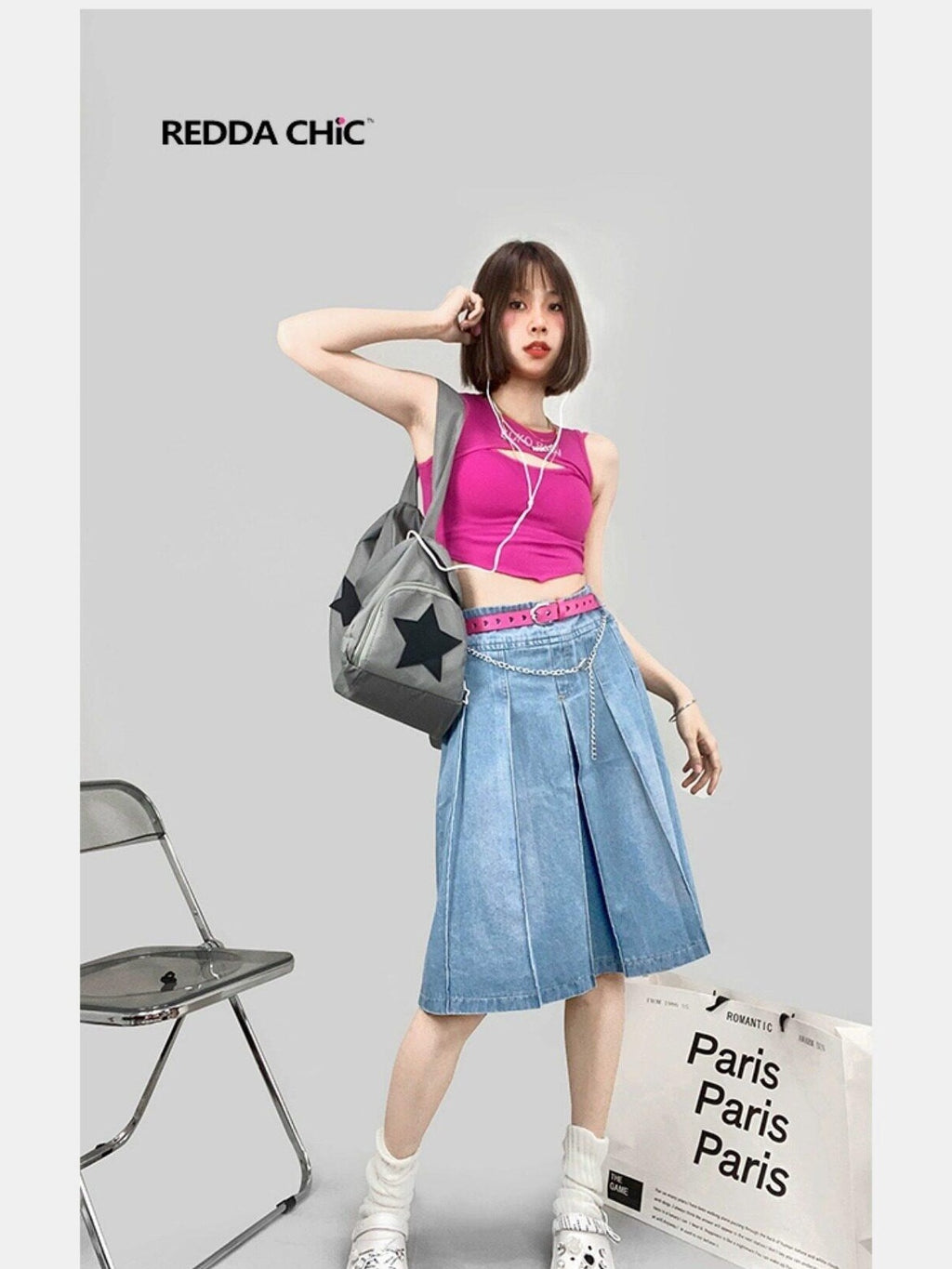 ReddaChic High Waisted Korean Denim A Line Pockets Commuter City Walk Women Mini Skirts