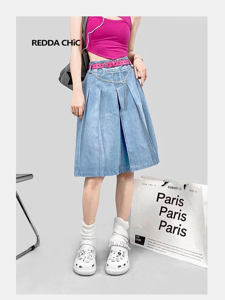 ReddaChic High Waisted Korean Denim A Line Pockets Commuter City Walk Women Mini Skirts