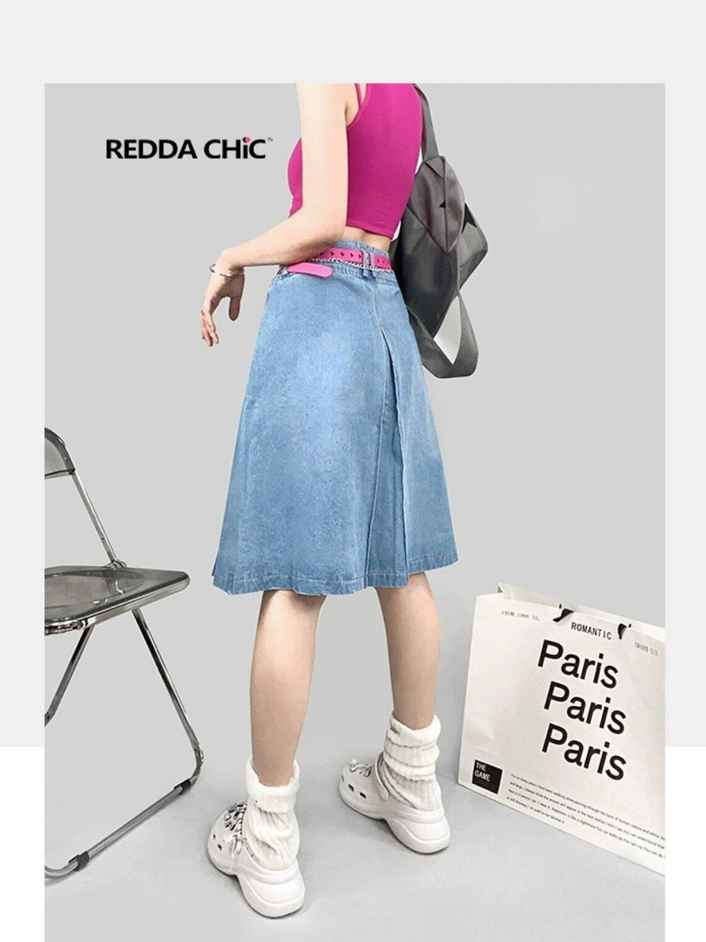 ReddaChic High Waisted Korean Denim A Line Pockets Commuter City Walk Women Mini Skirts