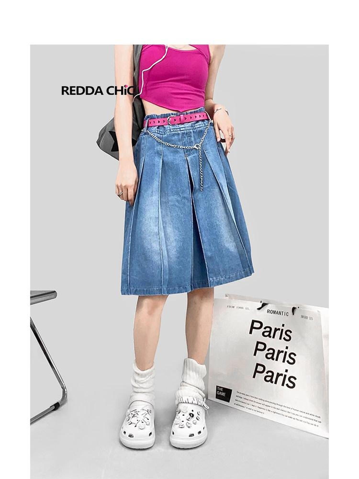 ReddaChic High Waisted Korean Denim A Line Pockets Commuter City Walk Women Mini Skirts