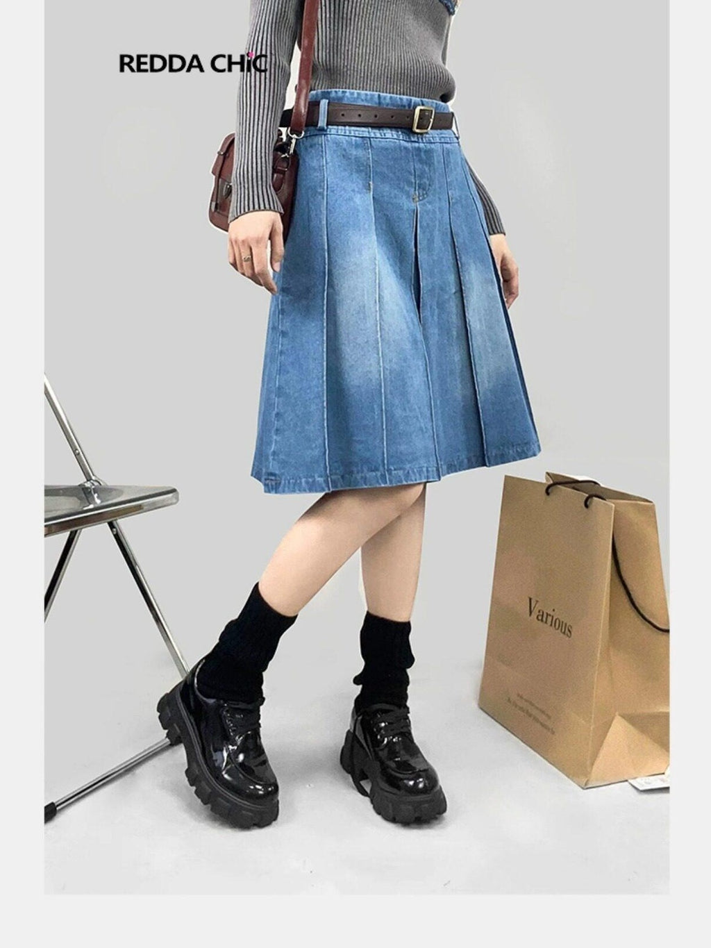 ReddaChic High Waisted Korean Denim A Line Pockets Commuter City Walk Women Mini Skirts