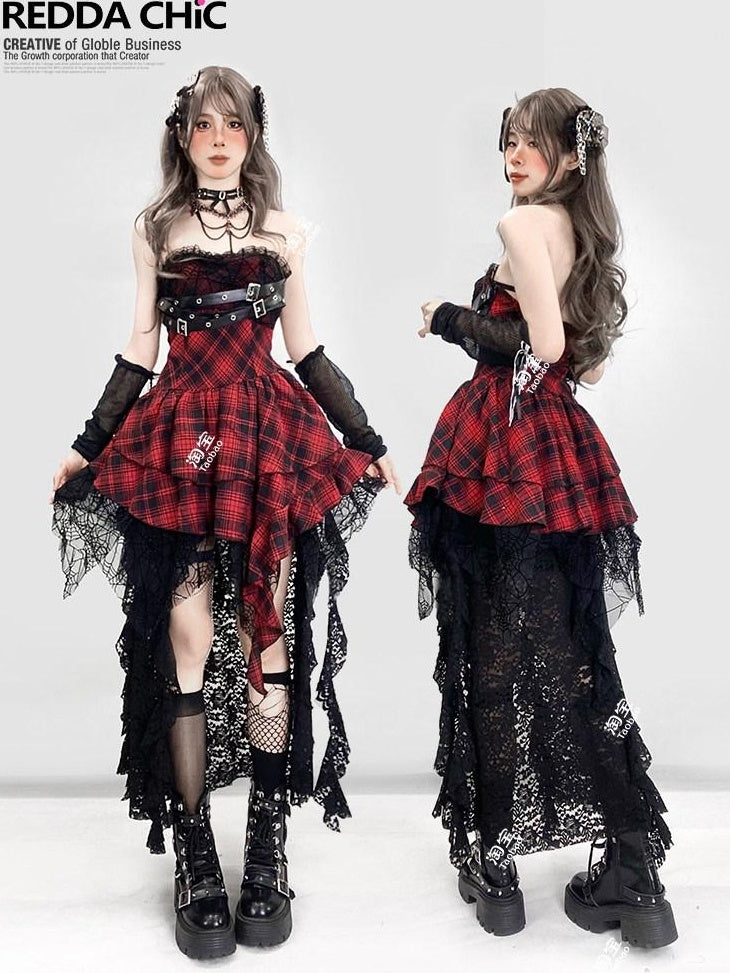 ReddaChic Lace Asymmetrical Gothic Fitted Black Women Long Sleeve T-Shirts
