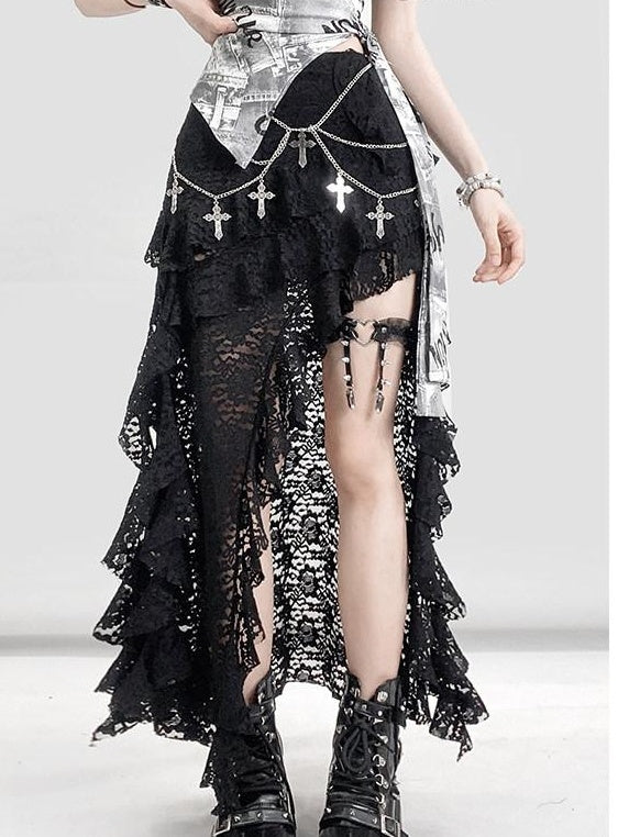 ReddaChic Lace Asymmetrical Gothic Fitted Black Women Long Sleeve T-Shirts