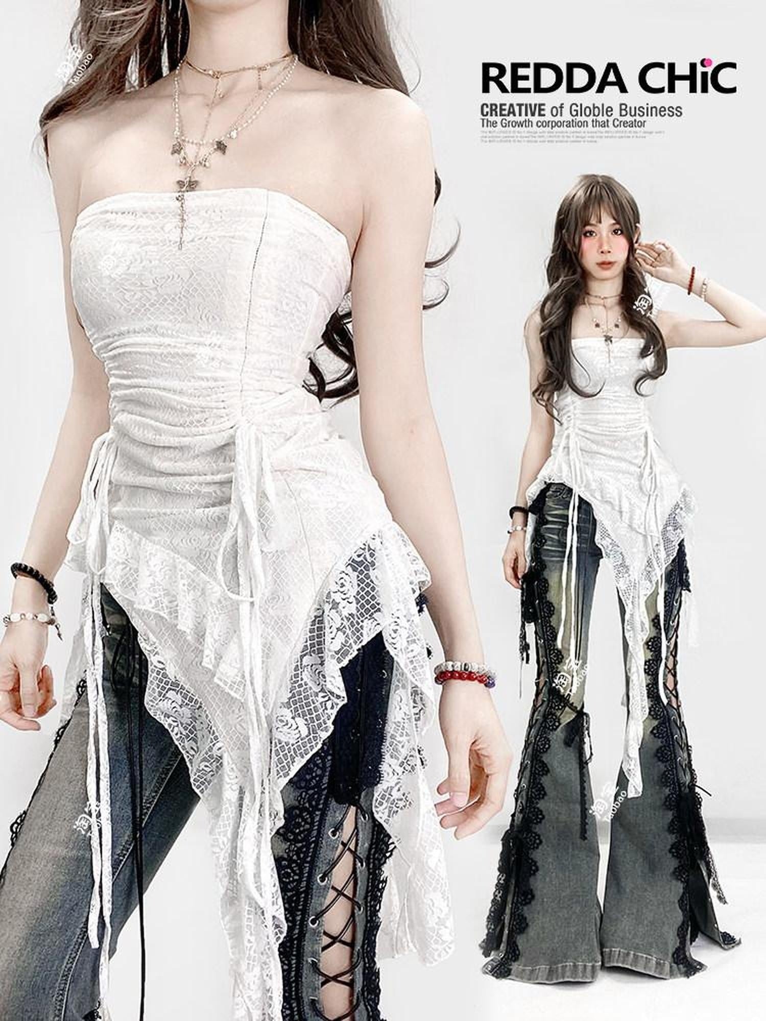ReddaChic Lace Camisole Slim Fit Mid Length Office Women White Solid Short Sleeve T-Shirts