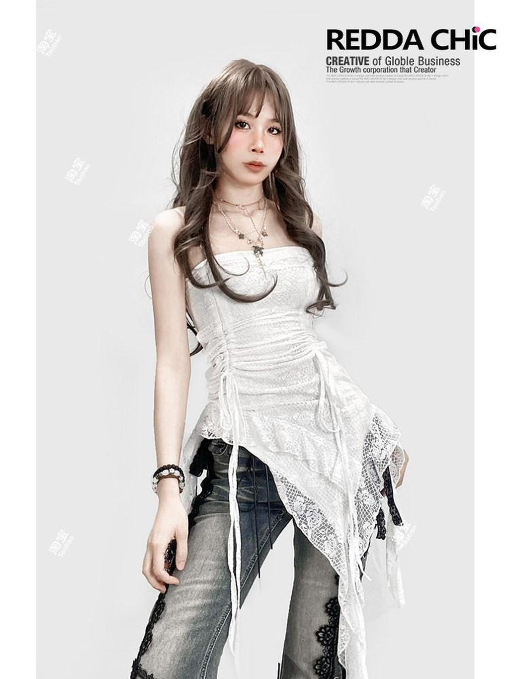 ReddaChic Lace Camisole Slim Fit Mid Length Office Women White Solid Short Sleeve T-Shirts