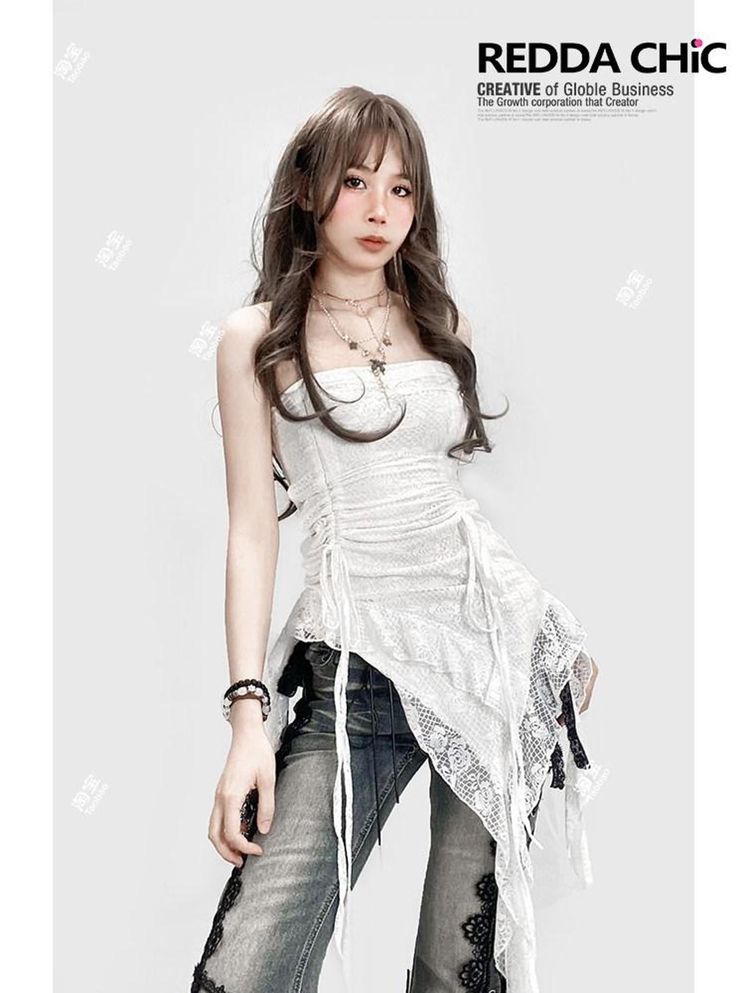 ReddaChic Lace Camisole Slim Fit Mid Length Office Women White Solid Short Sleeve T-Shirts