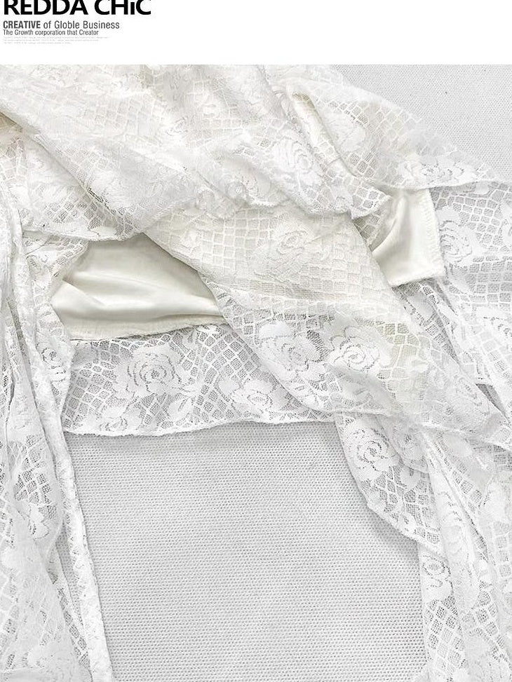 ReddaChic Lace Camisole Slim Fit Mid Length Office Women White Solid Short Sleeve T-Shirts