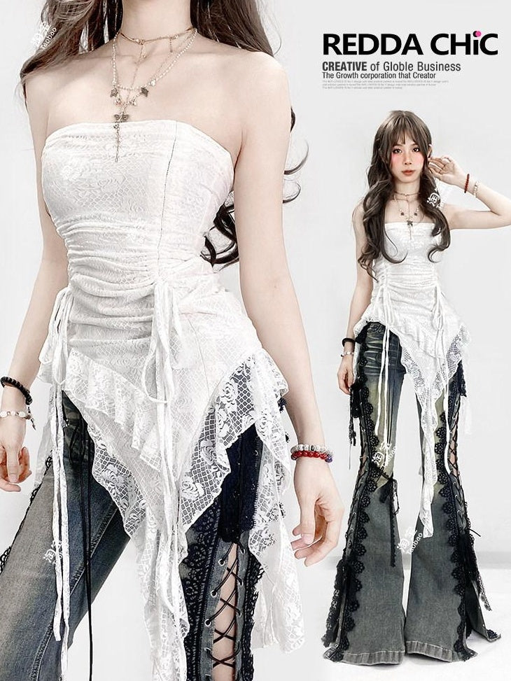 ReddaChic Lace Camisole Slim Fit Mid Length Office Women White Solid Short Sleeve T-Shirts