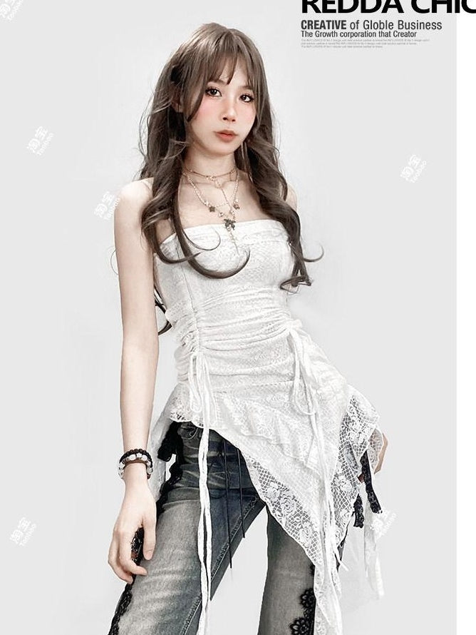 ReddaChic Lace Camisole Slim Fit Mid Length Office Women White Solid Short Sleeve T-Shirts
