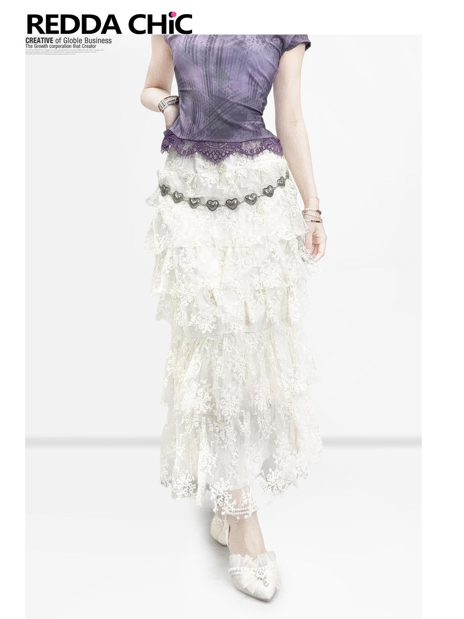 ReddaChic Lace High Waist Ruffle A Line Princess Travel Off White Slip Mini Dresses