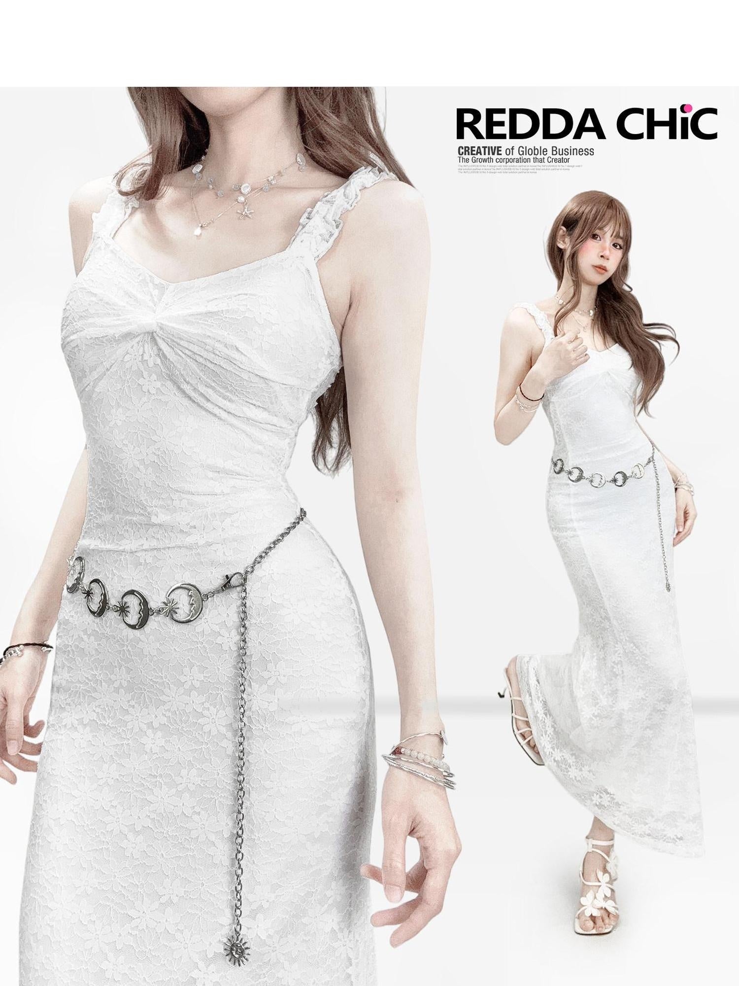 ReddaChic Lace Overlay French Slim X Line Women Date White Midi Skirts