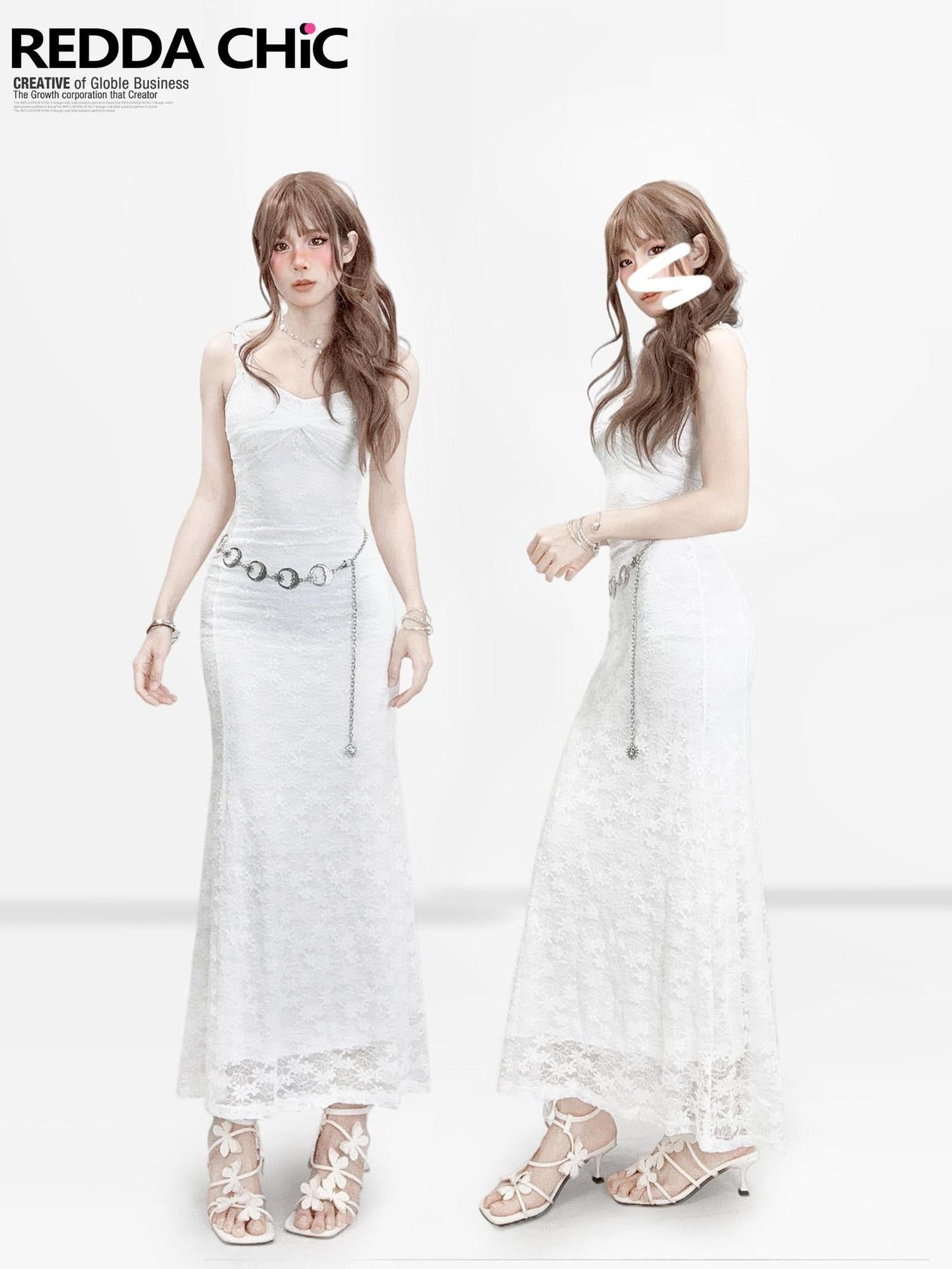 ReddaChic Lace Overlay French Slim X Line Women Date White Midi Skirts