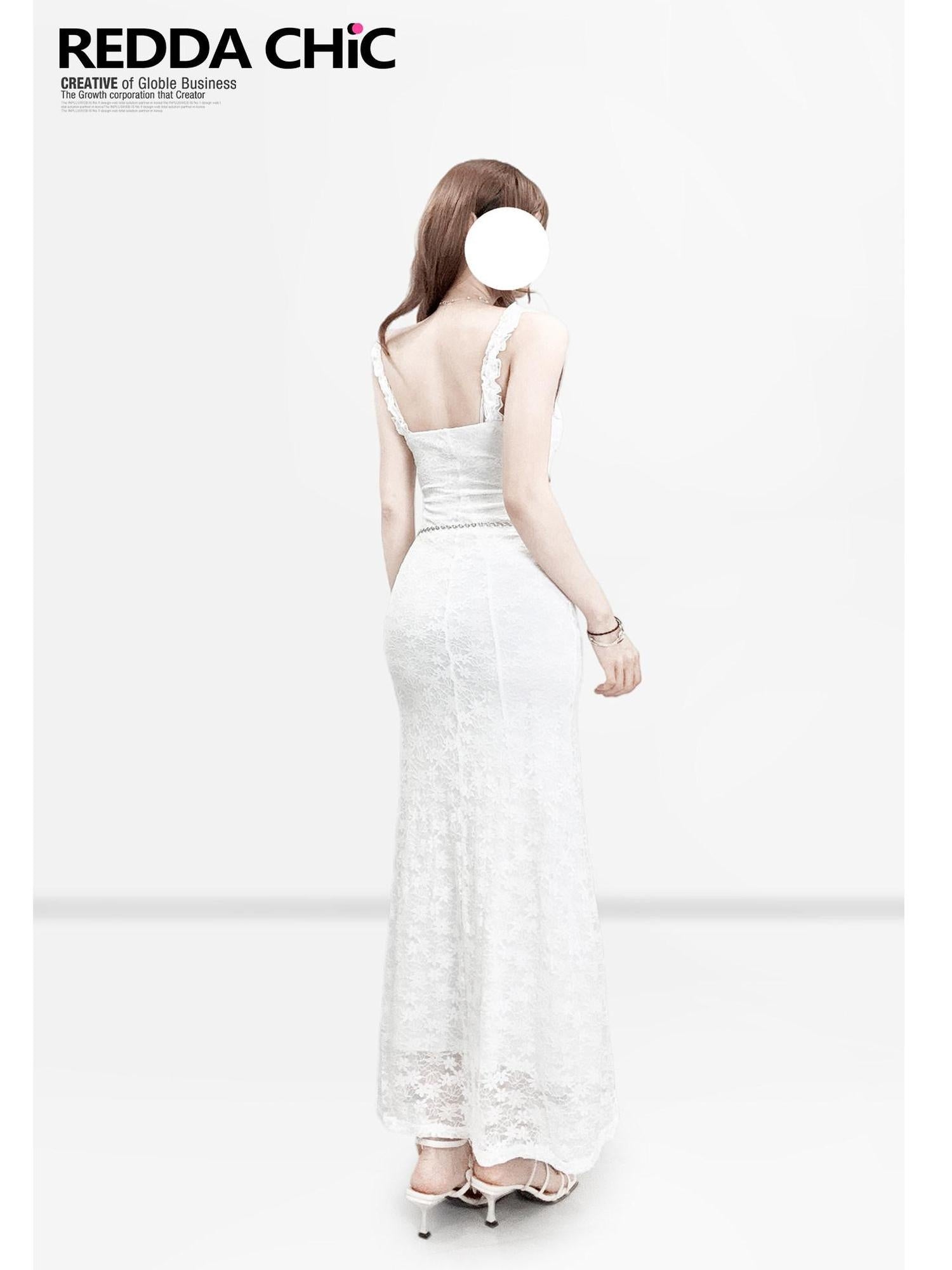 ReddaChic Lace Overlay French Slim X Line Women Date White Midi Skirts