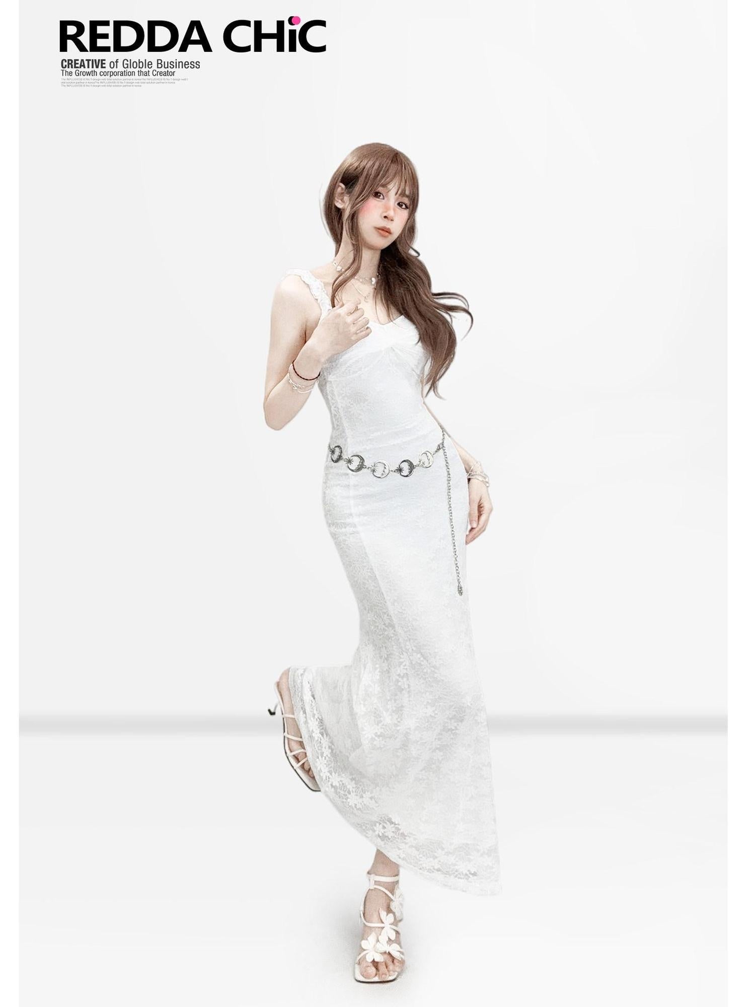 ReddaChic Lace Overlay French Slim X Line Women Date White Midi Skirts