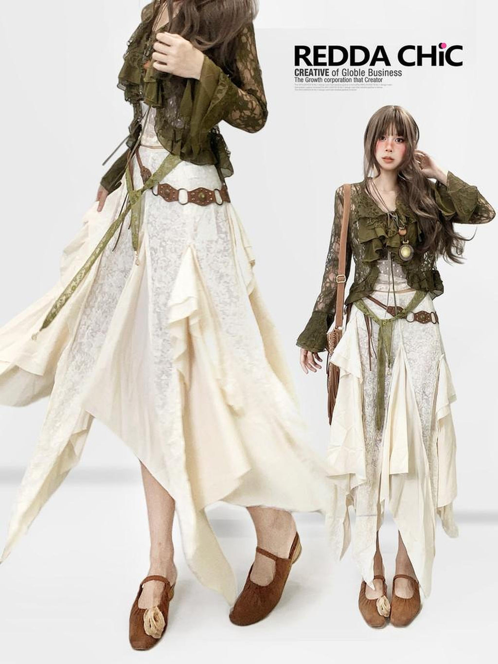 ReddaChic Lace Patchwork Ruffle Ethnic Asymmetric Womens Low Waist Off White Hoodies