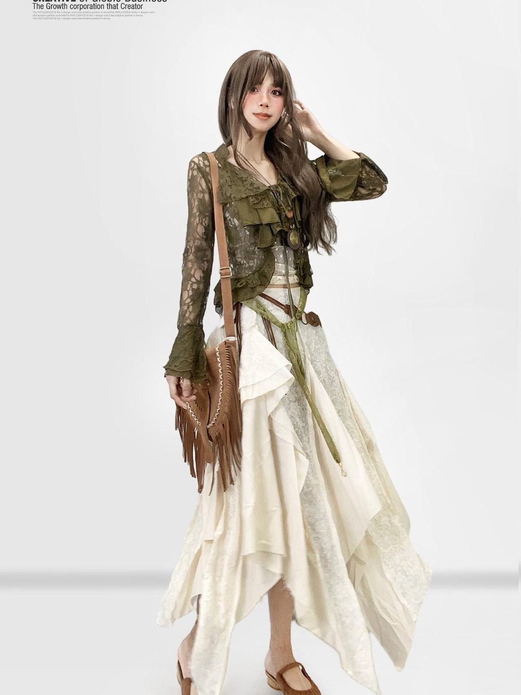 ReddaChic Lace Patchwork Ruffle Ethnic Asymmetric Womens Low Waist Off White Hoodies