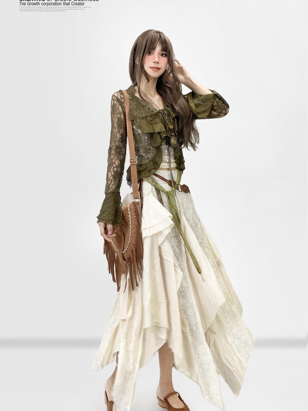 ReddaChic Lace Patchwork Ruffle Ethnic Asymmetric Womens Low Waist Off White Hoodies
