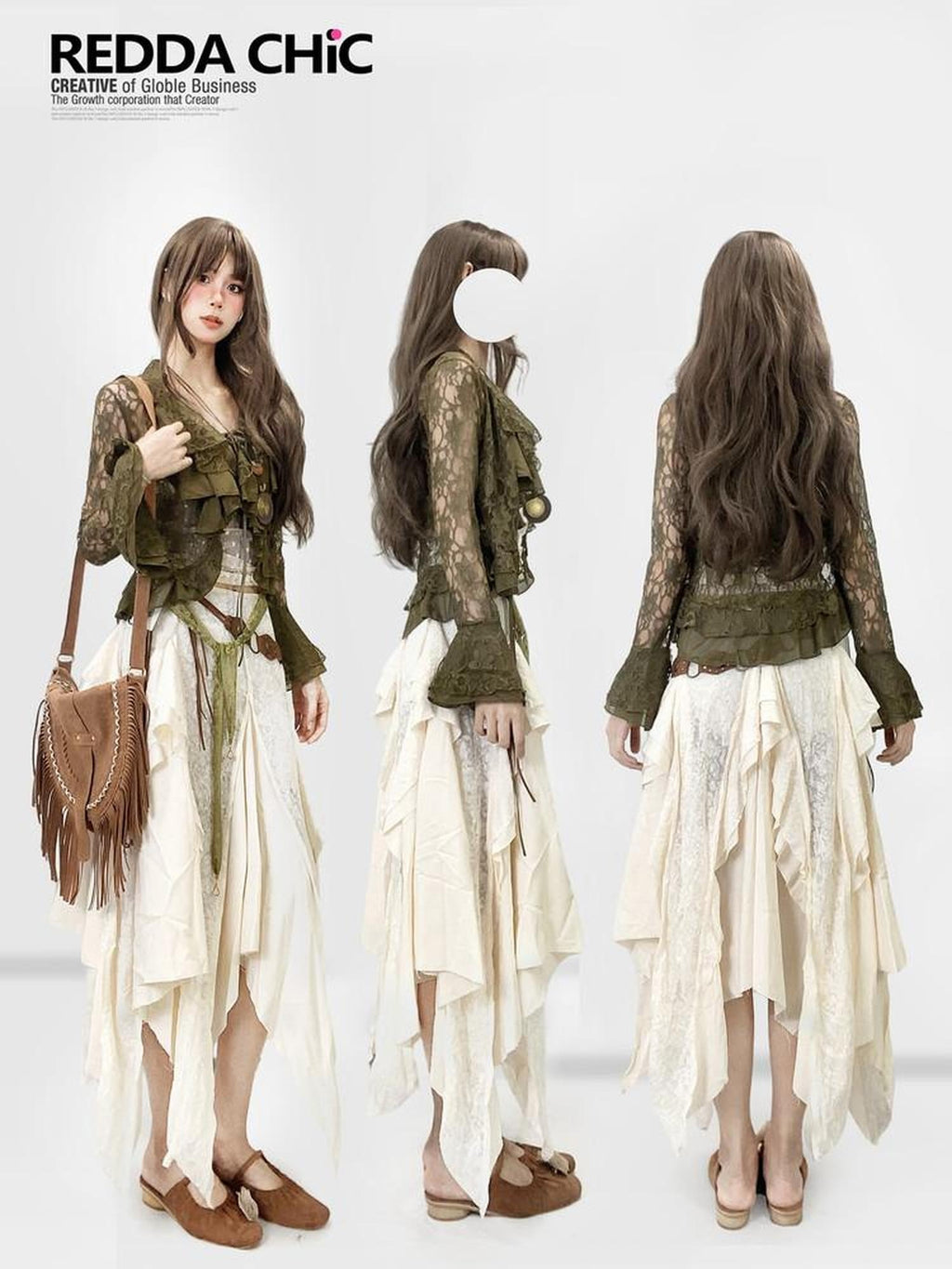 ReddaChic Lace Patchwork Ruffle Ethnic Asymmetric Womens Low Waist Off White Hoodies