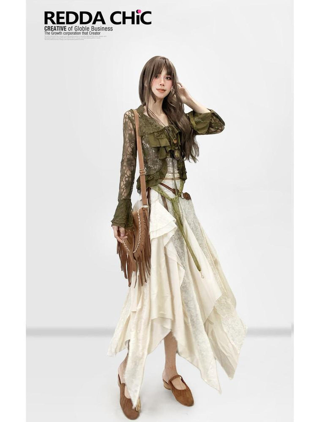 ReddaChic Lace Patchwork Ruffle Ethnic Asymmetric Womens Low Waist Off White Hoodies