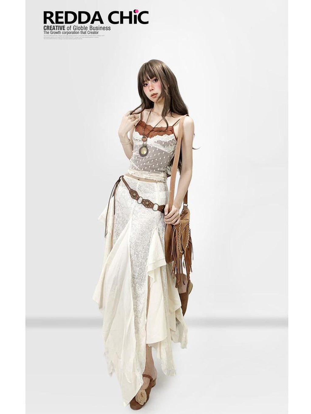 ReddaChic Lace Patchwork Ruffle Ethnic Asymmetric Womens Low Waist Off White Hoodies