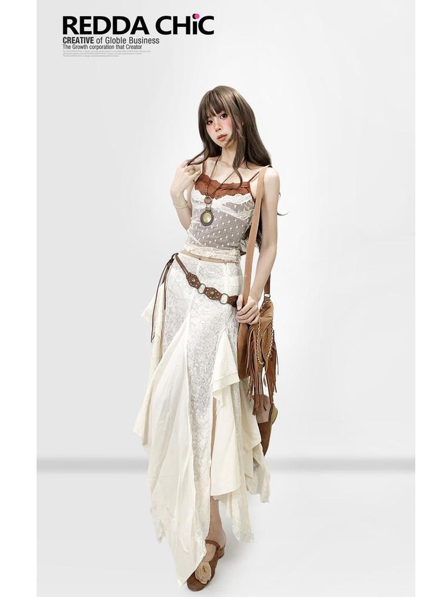 ReddaChic Lace Patchwork Ruffle Ethnic Asymmetric Womens Low Waist Off White Hoodies