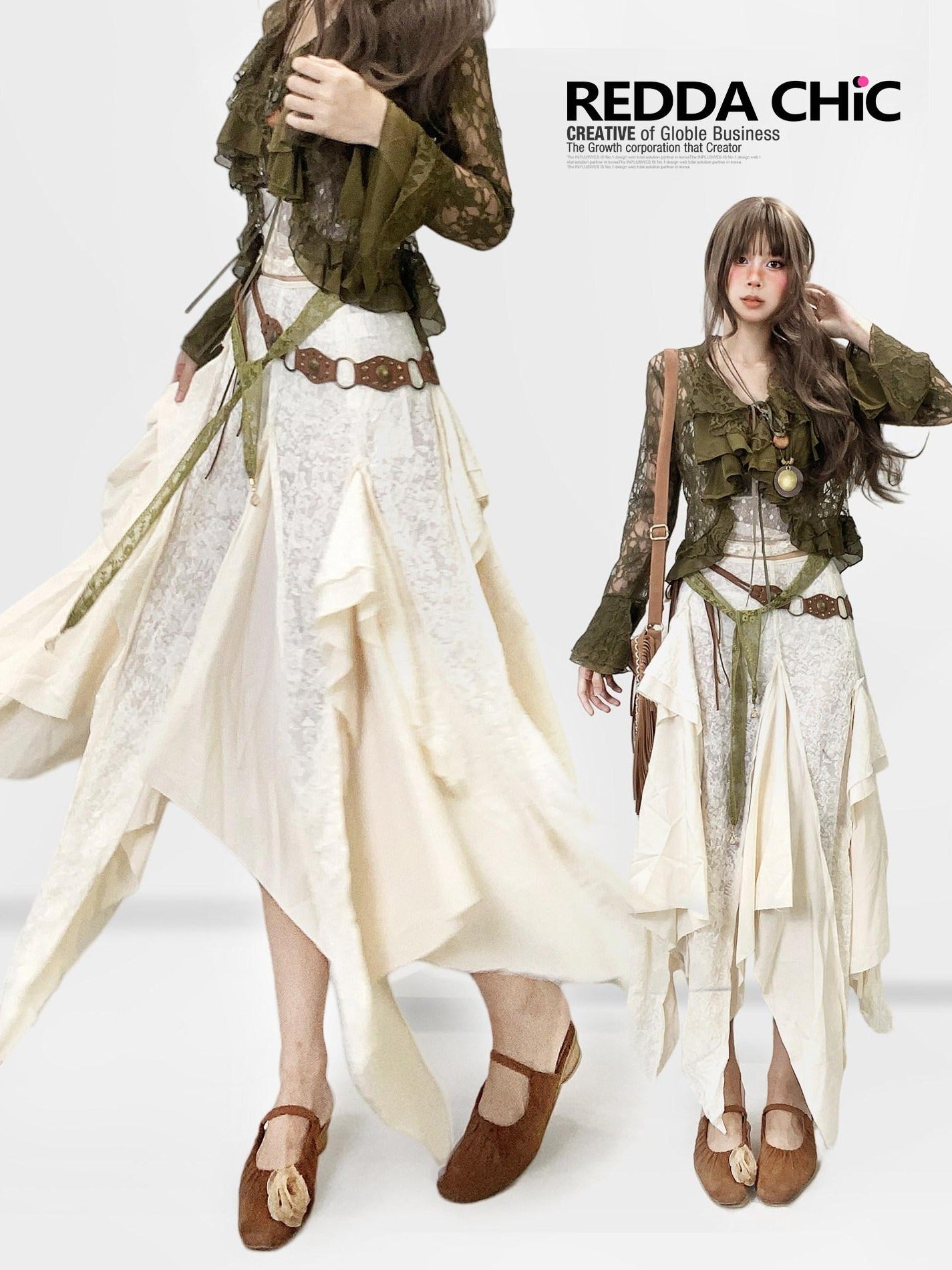 ReddaChic Lace Patchwork Ruffle Ethnic Asymmetric Womens Low Waist Off White Hoodies