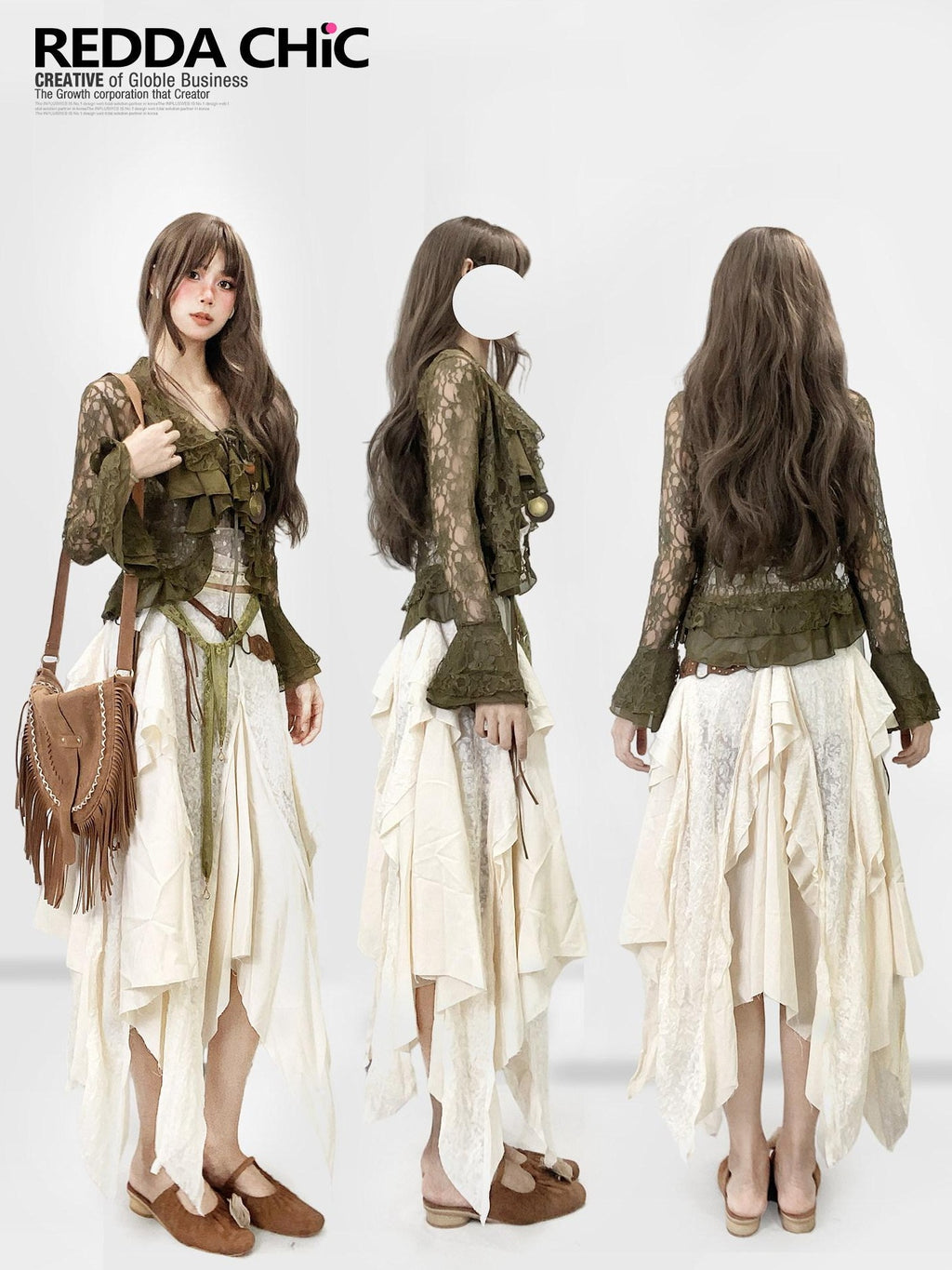 ReddaChic Lace Patchwork Ruffle Ethnic Asymmetric Womens Low Waist Off White Hoodies