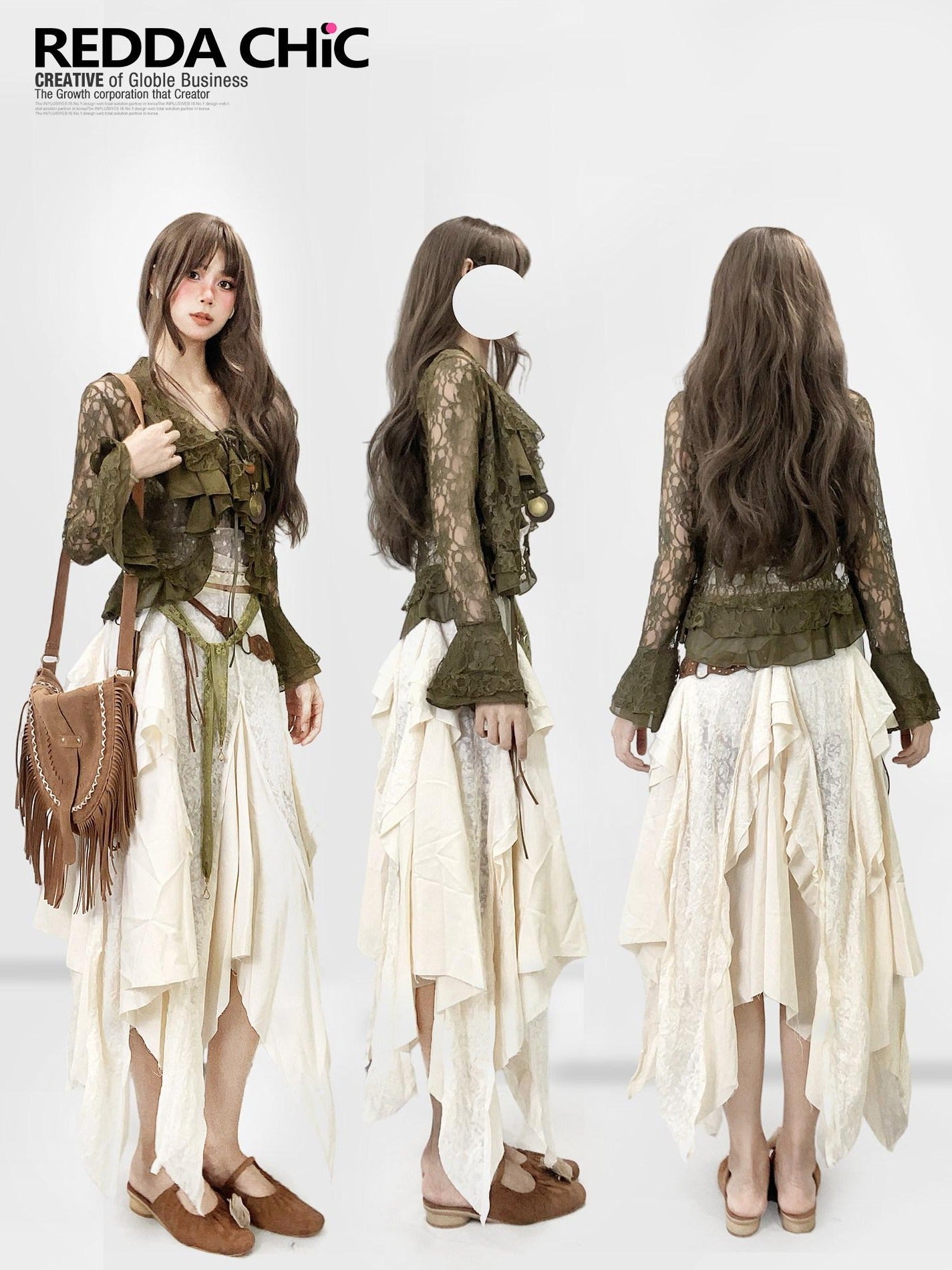 ReddaChic Lace Patchwork Ruffle Ethnic Asymmetric Womens Low Waist Off White Hoodies