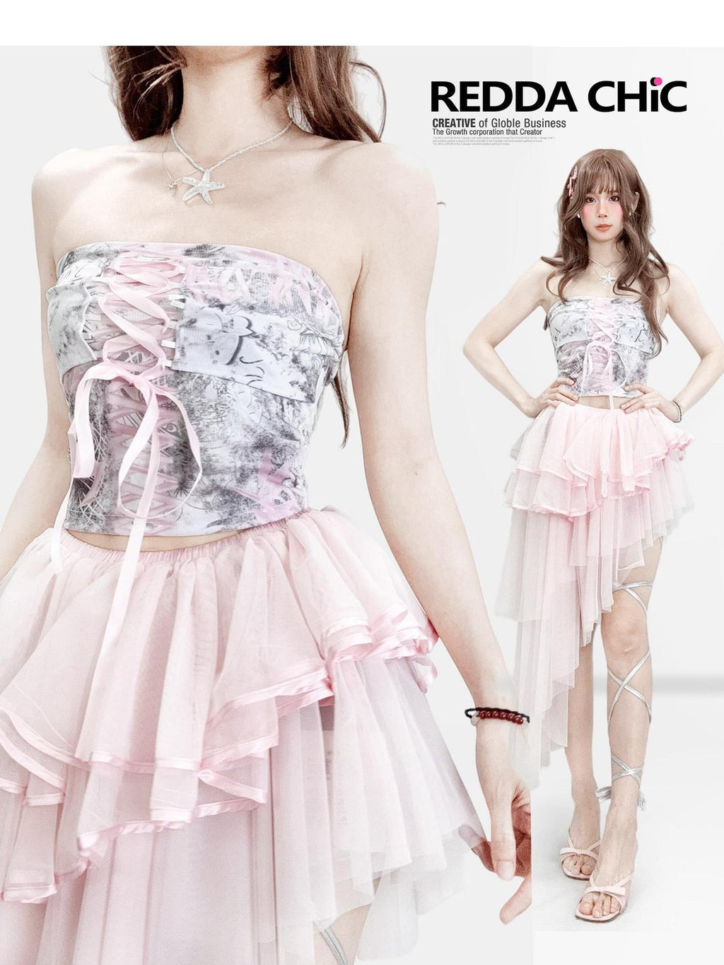 ReddaChic Lace Tie Slim Fit Short Cropped Curve Vest Women Pink Printed Casual Jackets