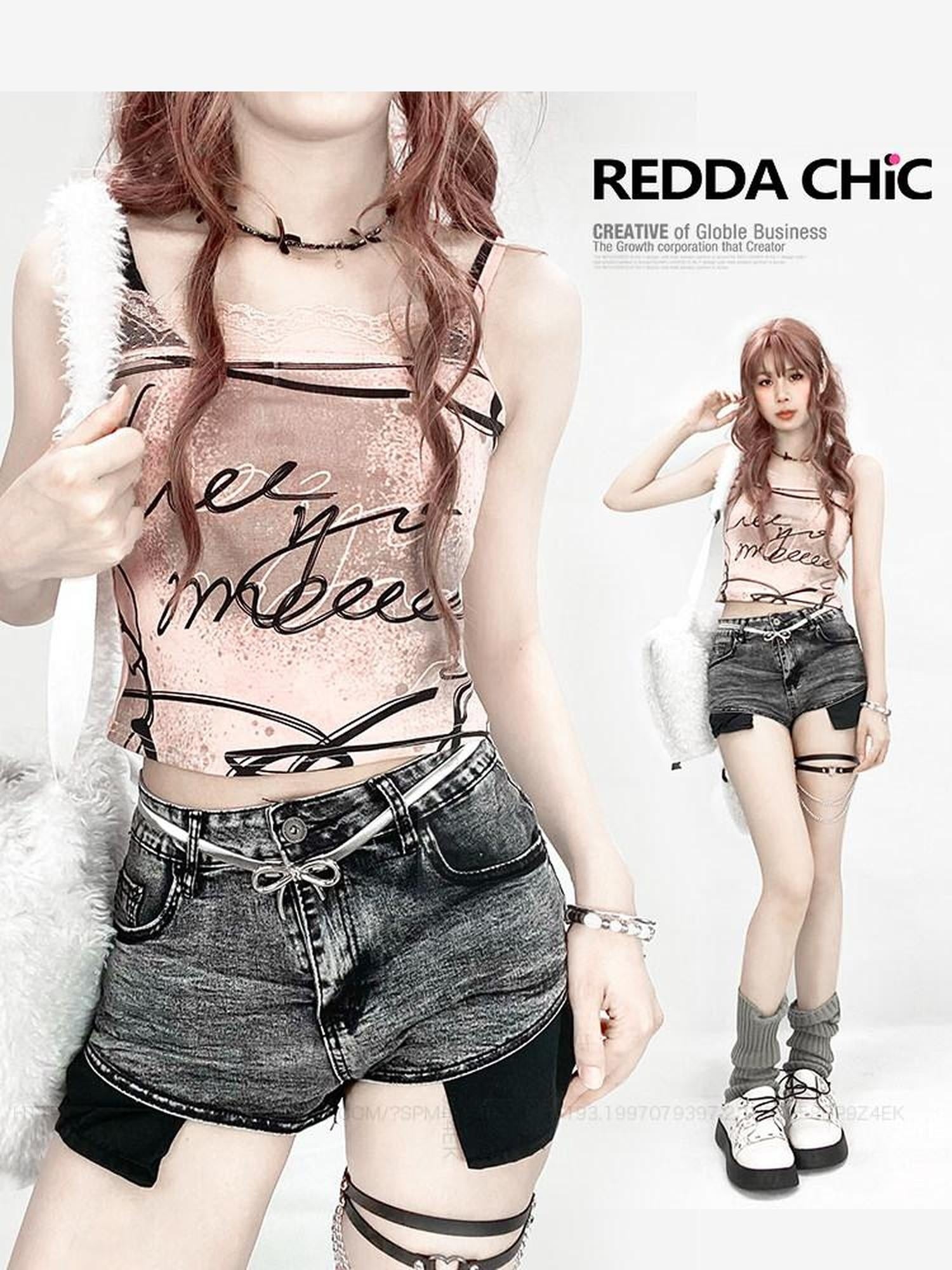 ReddaChic Lace Trim Sweet Chic Slim Waist Letter Print Pink Wide-Leg Jeans
