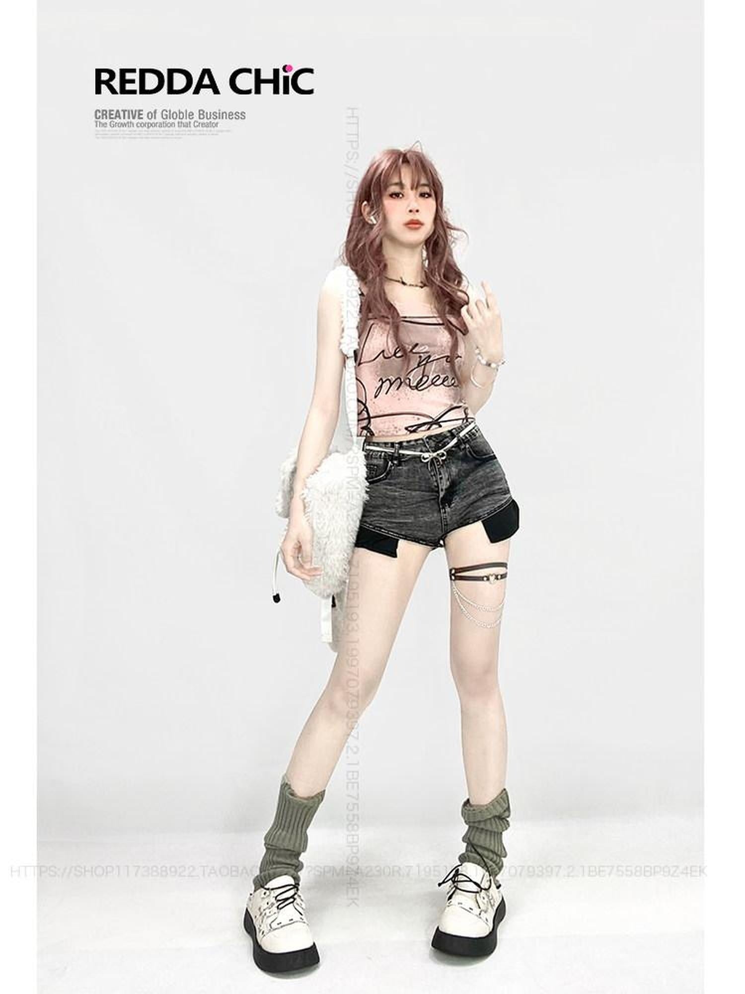 ReddaChic Lace Trim Sweet Chic Slim Waist Letter Print Pink Wide-Leg Jeans