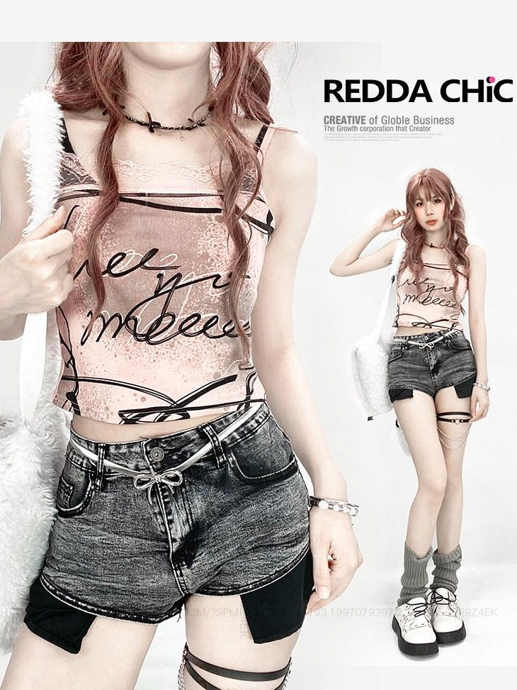 ReddaChic Lace Trim Sweet Chic Slim Waist Letter Print Pink Wide-Leg Jeans