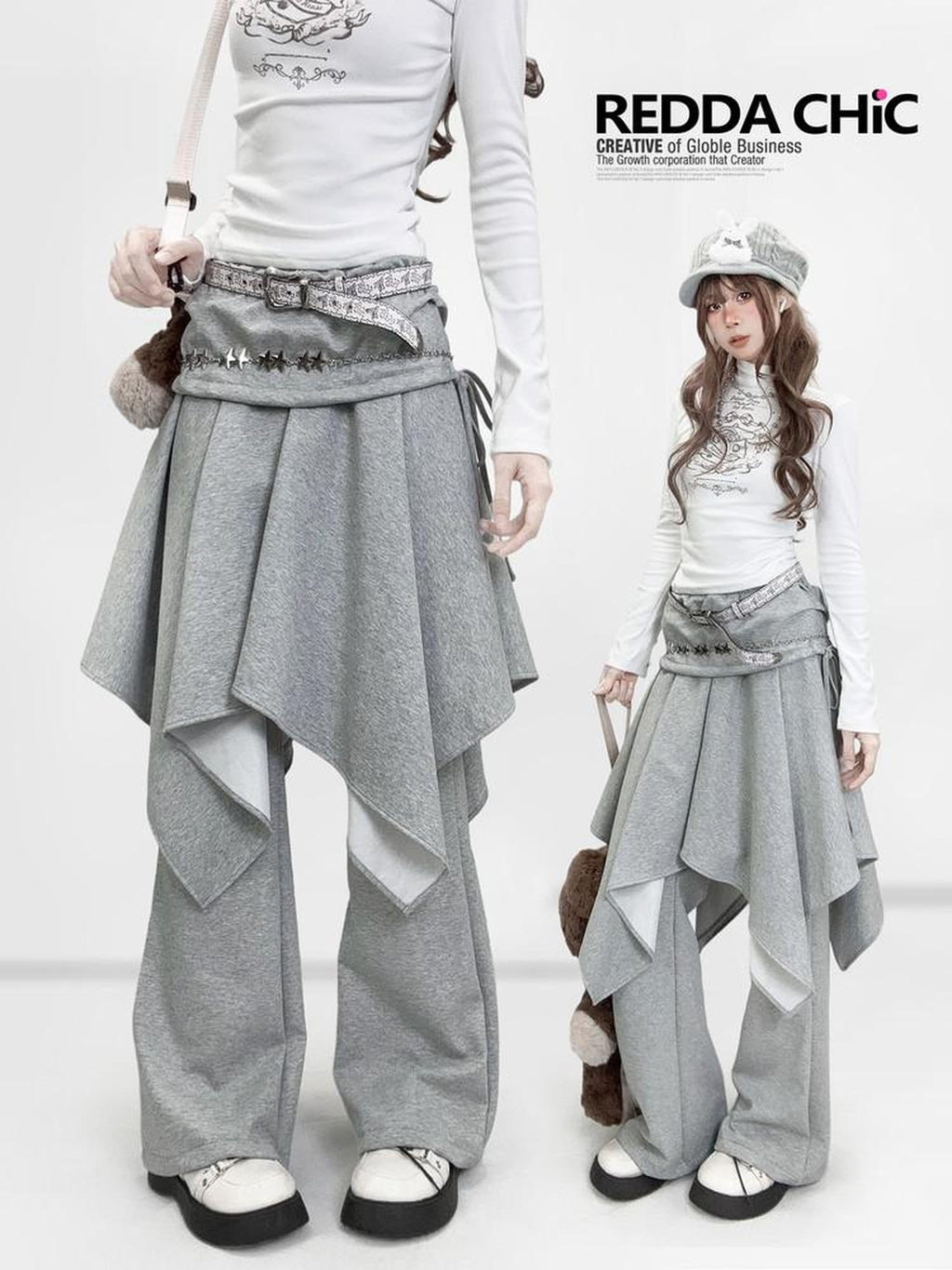 ReddaChic Layered Faux Two Piece Casual Mid High Waist Gray Women Tank Tops Camisoles