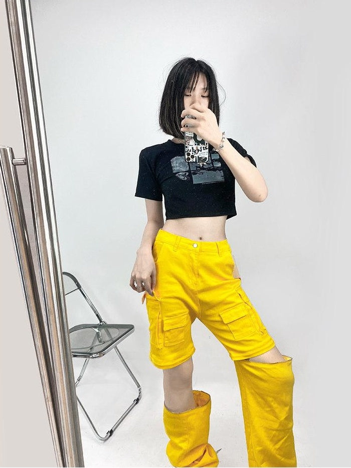 ReddaChic Lemon Yellow Patchwork Applique Regular Fit Casual Young Adult Knitwear Sweaters
