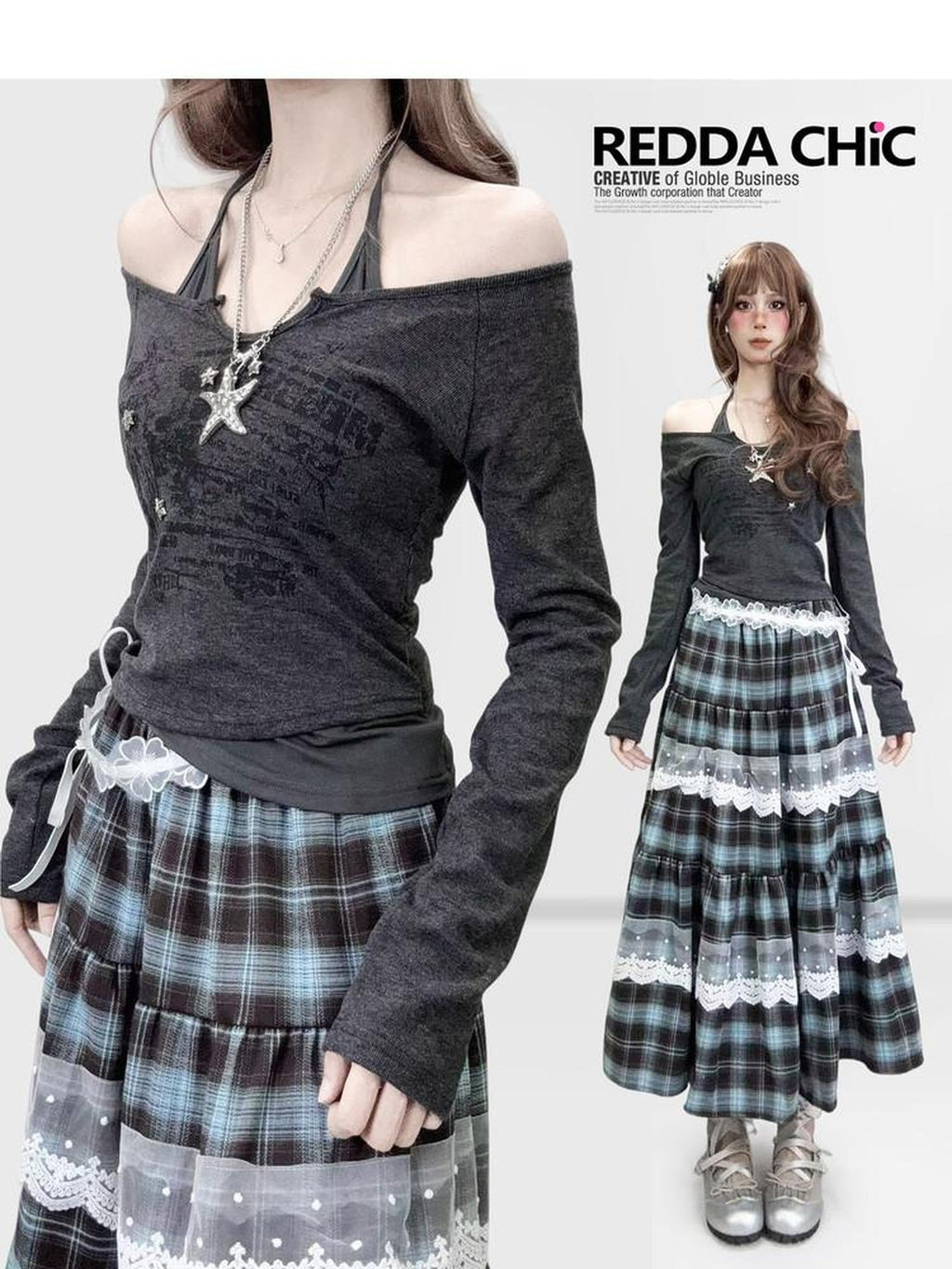 ReddaChic Letter Print Vintage Slim Fit Cropped Dark Gray Women Knit Sweaters