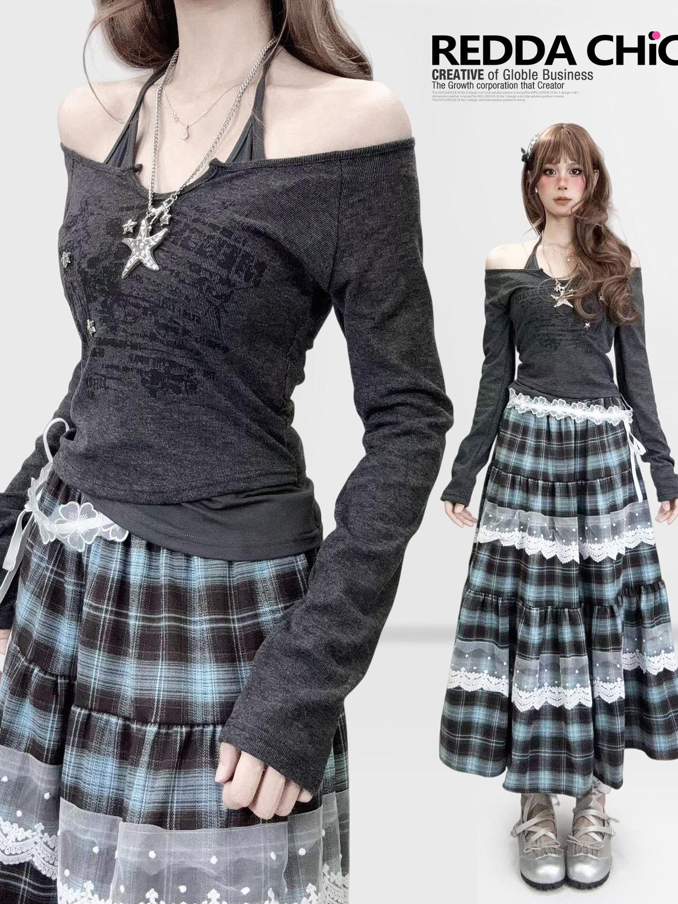 ReddaChic Letter Print Vintage Slim Fit Cropped Dark Gray Women Knit Sweaters
