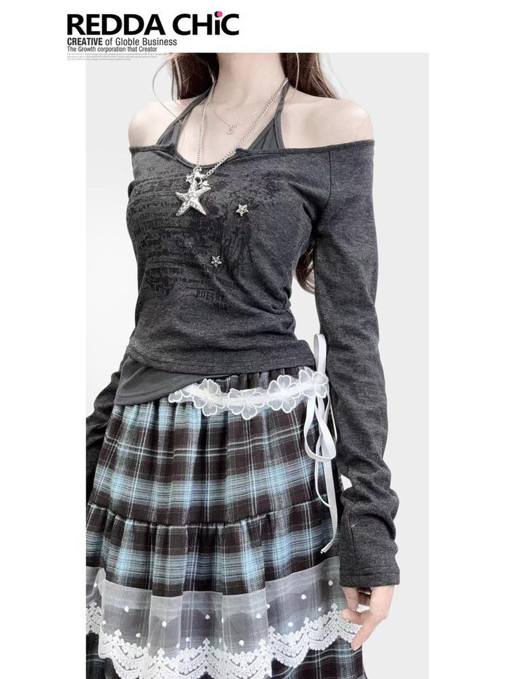 ReddaChic Letter Print Vintage Slim Fit Cropped Dark Gray Women Knit Sweaters