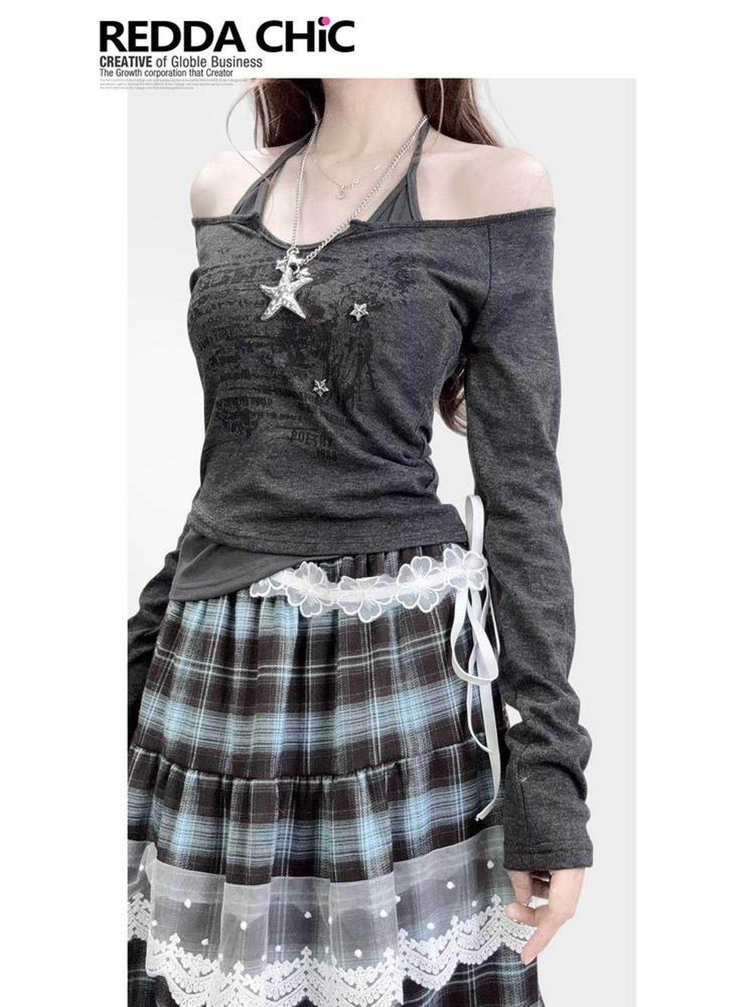 ReddaChic Letter Print Vintage Slim Fit Cropped Dark Gray Women Knit Sweaters