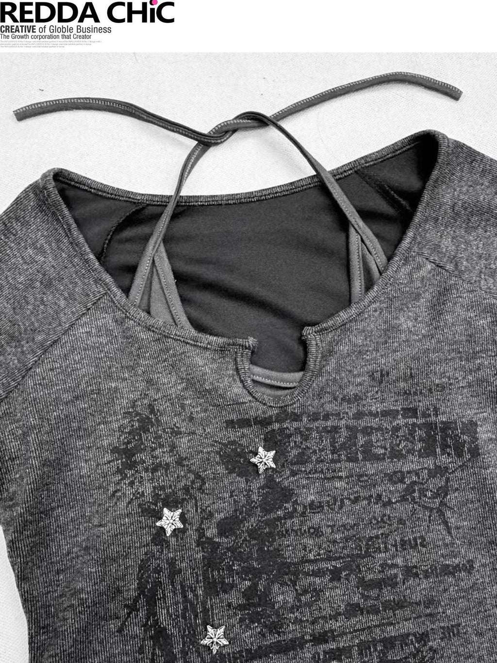 ReddaChic Letter Print Vintage Slim Fit Cropped Dark Gray Women Knit Sweaters