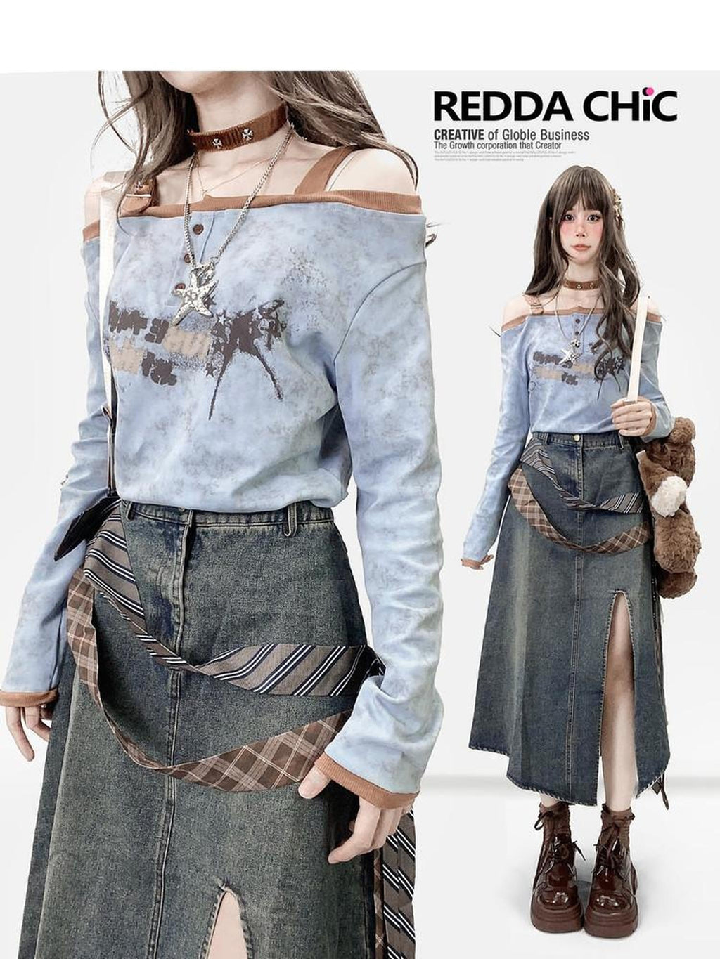 ReddaChic Light Blue Letter Print Casual Loose Backless Pull On For Women Denim Shorts