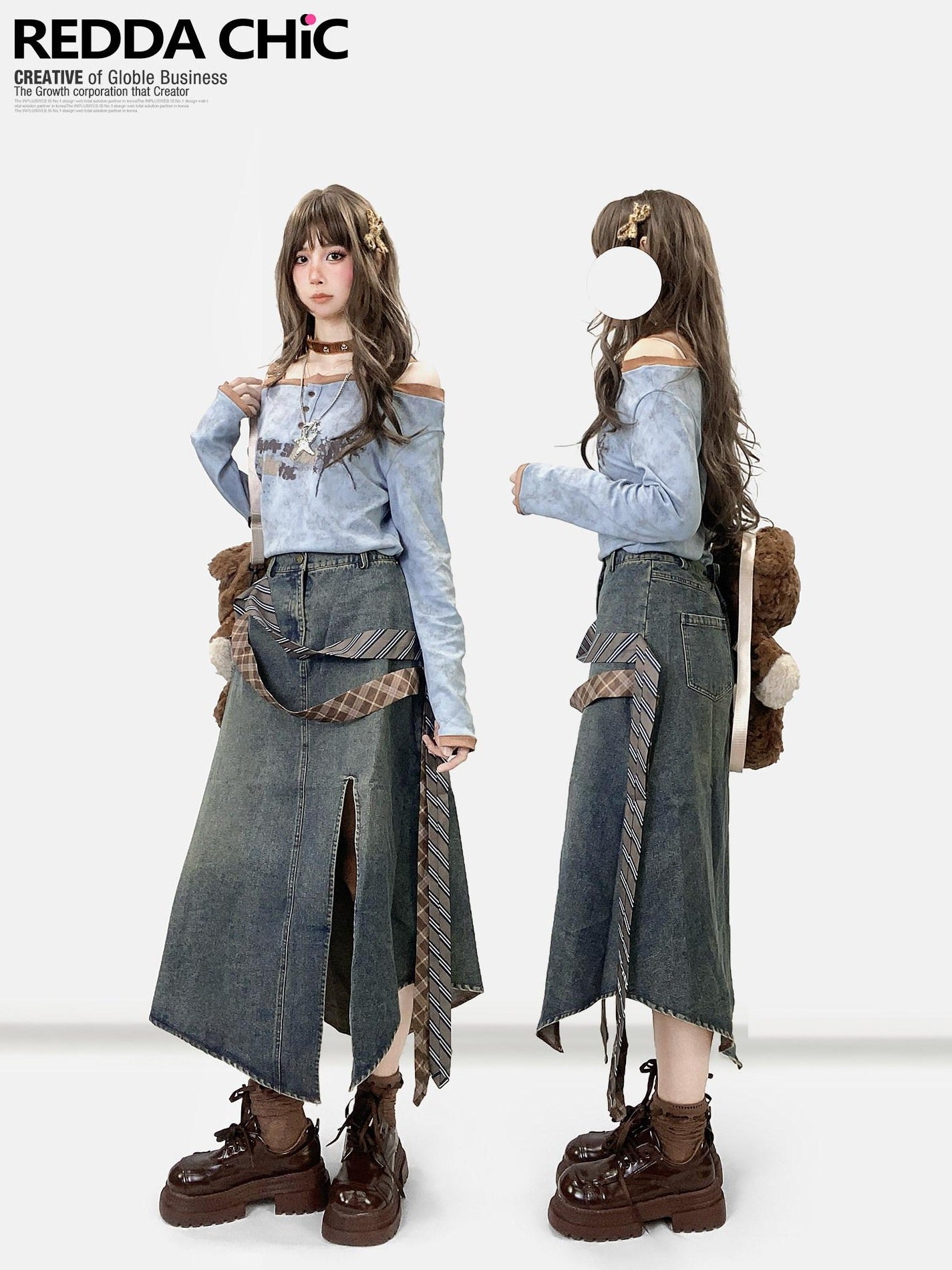 ReddaChic Light Blue Letter Print Casual Loose Backless Pull On For Women Denim Shorts