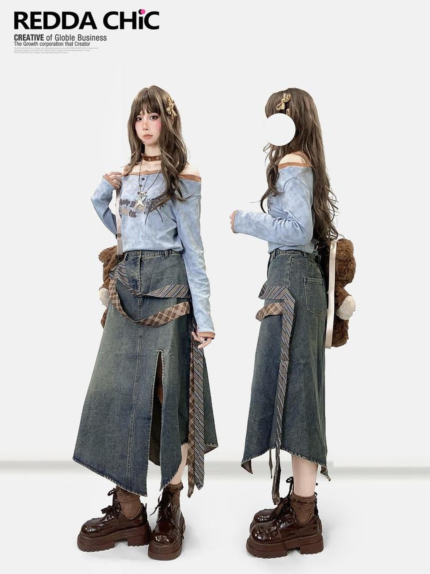 ReddaChic Light Blue Letter Print Casual Loose Backless Pull On For Women Denim Shorts