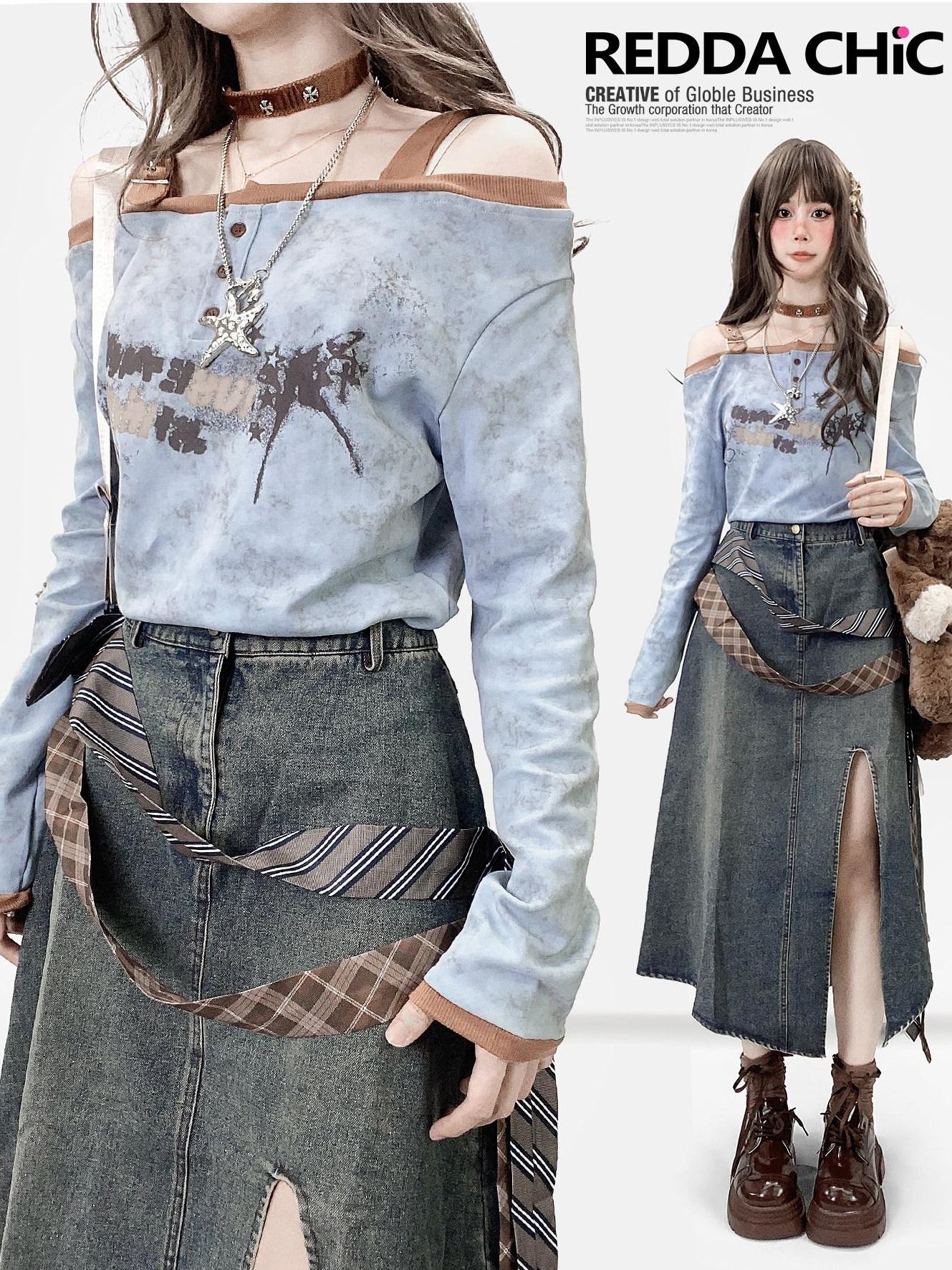 ReddaChic Light Blue Letter Print Casual Loose Backless Pull On For Women Denim Shorts