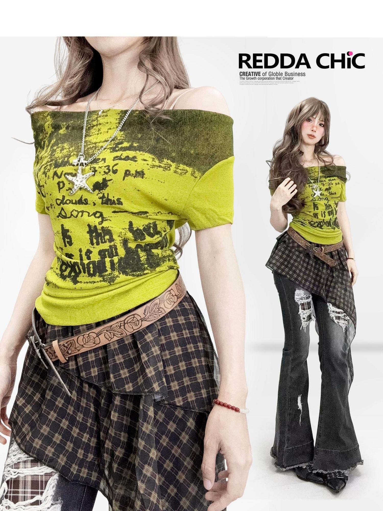 ReddaChic Light Green Retro Slim Fit Letter Print Women Wide-Leg Jeans