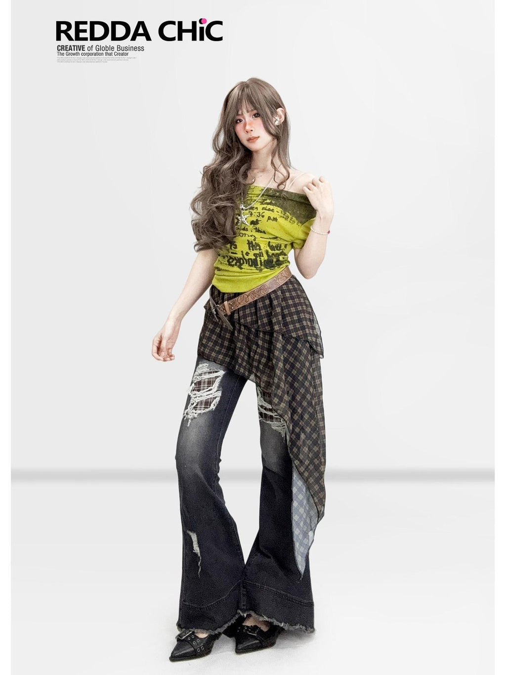 ReddaChic Light Green Retro Slim Fit Letter Print Women Wide-Leg Jeans